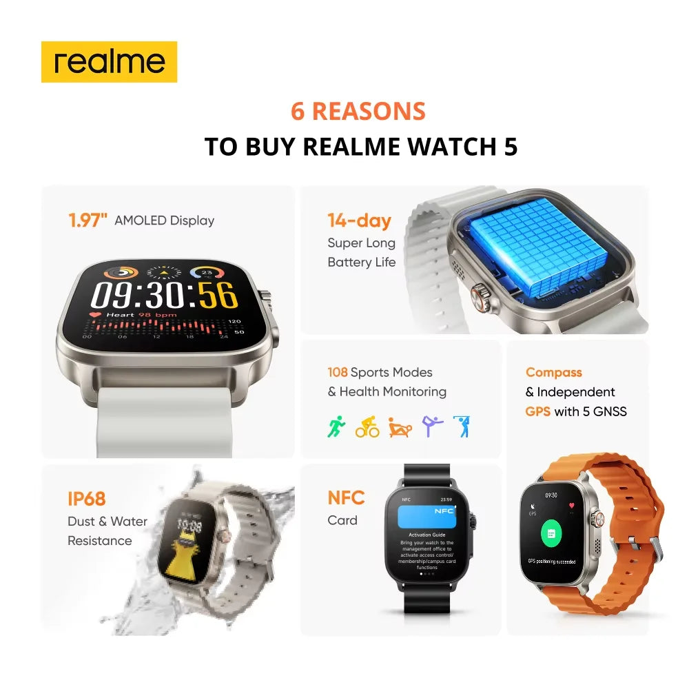 Global Version realme watch 5 1.97" AMOLED 600nits Bateria de 14 dias 460mAh 300+ Temas Suporta GPS GNSS IP68 à prova d'água