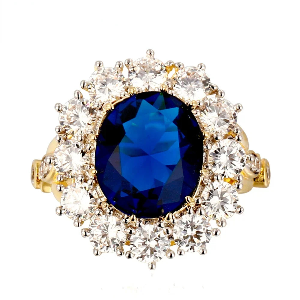Luxury Oval Blue Zircon Ring for Women Sparkling Golden Color Solitaire Finger Rings Romantic Jewelry Wedding Anniversary Gift