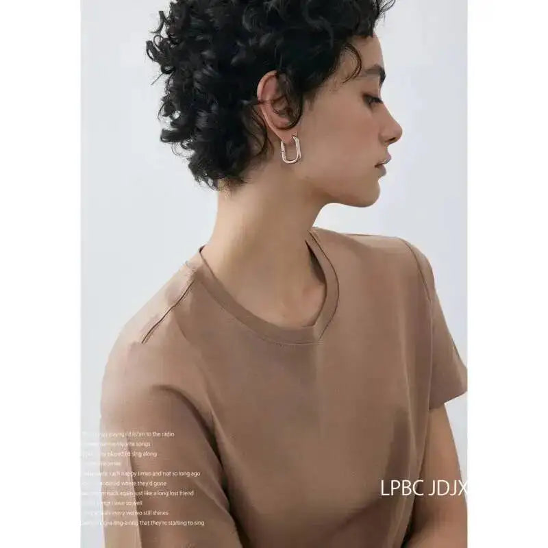 Summer 6 Mulberry Silk Cotton T Shirts Women Loose Round Neck Short Sleeve Luxury Tee Solid Color Basic Tops - v Collar Black M
