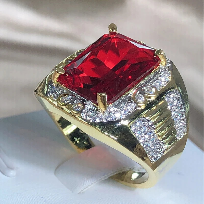 Anel King Vintage Cheio a Ouro Zircônia Cúbica AAAAA Vermelha Zircão Luxo Noivado Joias Anéis Casamento Para Homens Anel de Dedo Festa Rock