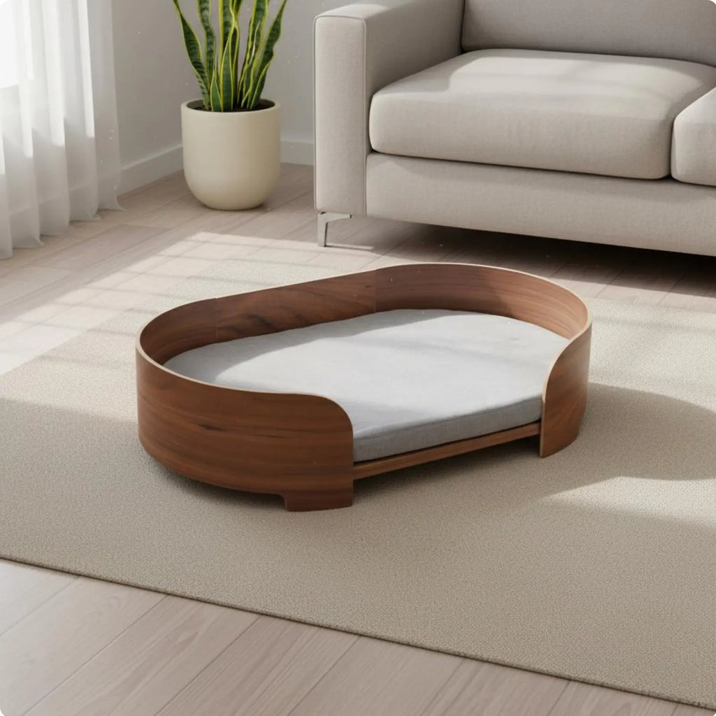 Sofá de Madeira para Pets Capa Removível e Lavável Cama Moderna para Pets Camas Elevadas para Cães Uso Opcional Durante o Ano Todo Cama Oval para Gatos Compensado de Madeira Firme