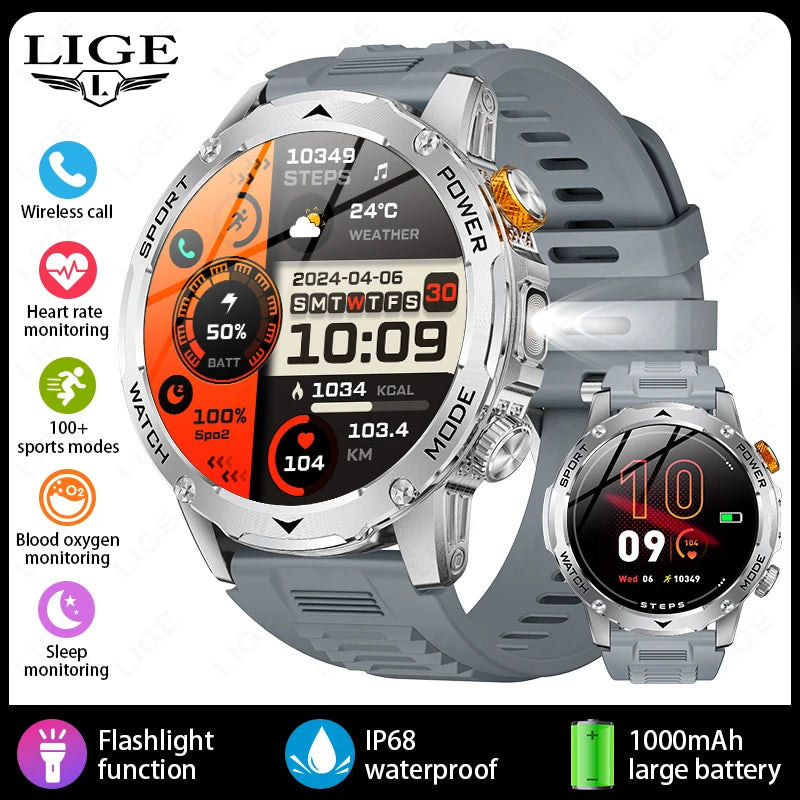 LIGE Novo Smartwatch Masculino Bateria de Grande Capacidade 1000mAh Lanterna Externa Chamada Bluetooth À Prova D'água Esportivo Fitness Smartwatch