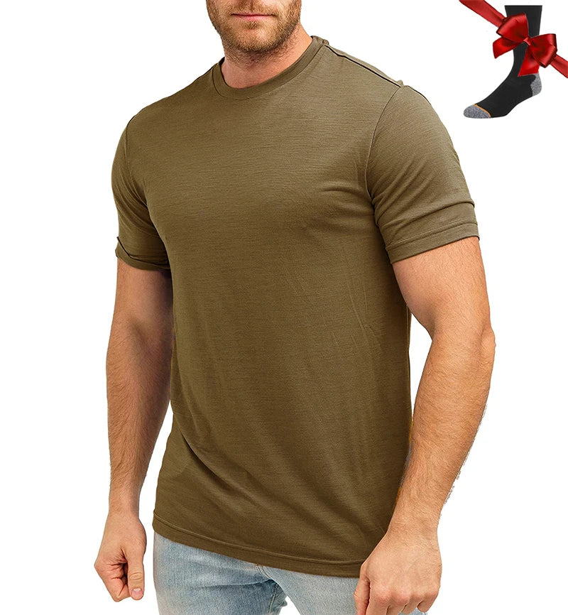 Camiseta Masculina 100% Lã Merino Super Fina Camada Base de Lã Merino que Absorve a Umidade Respirável de Secagem Rápida Antiodor + Meias de Lã Merino
