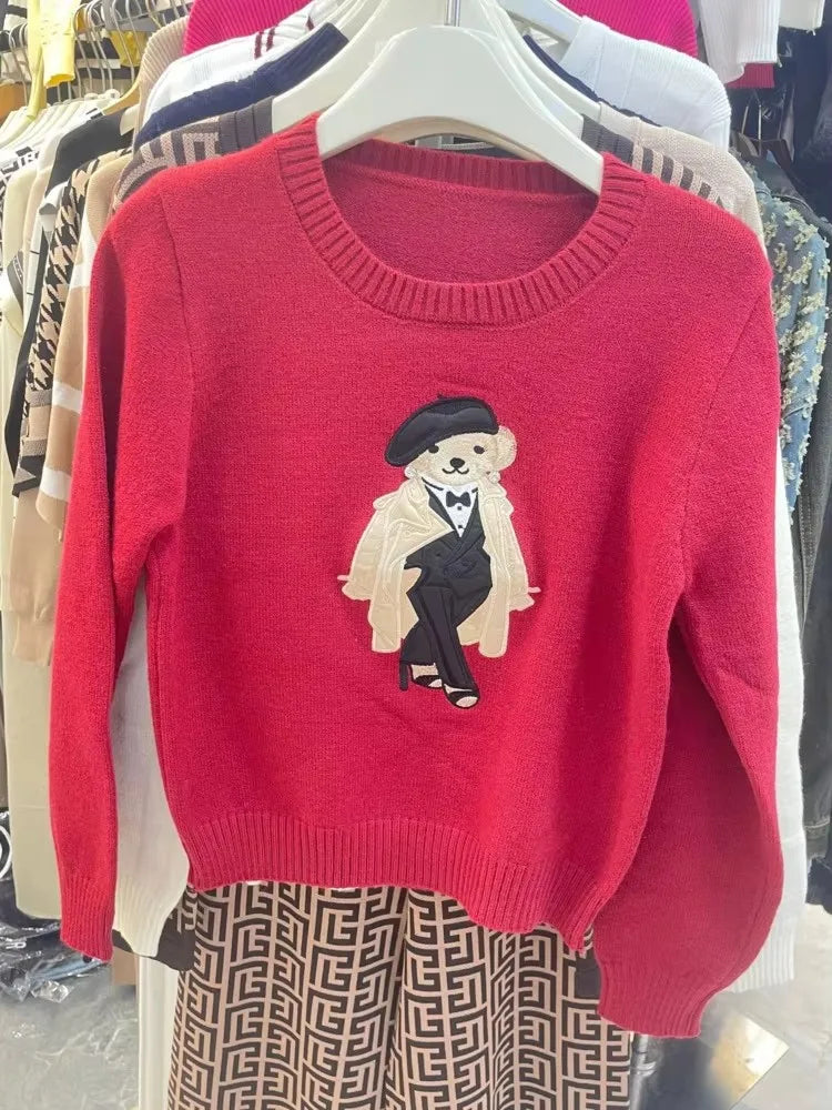 Camisola Suéter Tricotada Urso Bordado Luxo Francês de Rua Para Mulheres Moda Casual Tricô Blusas Pull Femme
