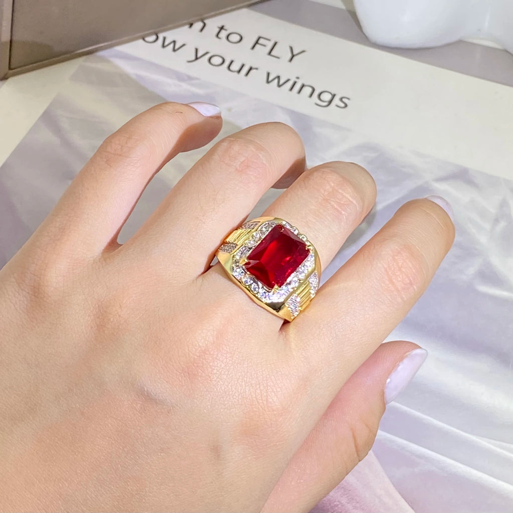 Anel King Vintage Cheio a Ouro Zircônia Cúbica AAAAA Vermelha Zircão Luxo Noivado Joias Anéis Casamento Para Homens Anel de Dedo Festa Rock