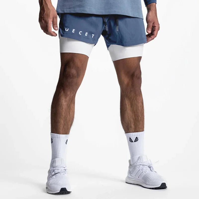 Mens Gyms Fitness 2 in 1 Quick Dry Shorts Summer Running Bodybuilding Jogging Casual Short Pants Workout Male Basketball Bottoms