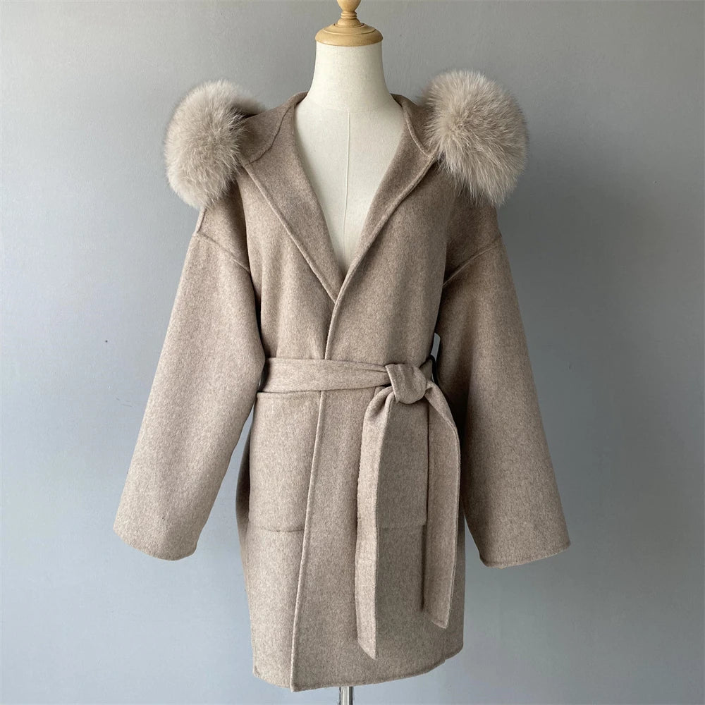 Jxwatcher Casaco de Lã e Misturas de Moda, Comprimento Médio, Jaqueta de Cashmere com Capuz, Gola e Punhos de Pele de Raposa 100% Real, Casaco de Inverno para Mulheres