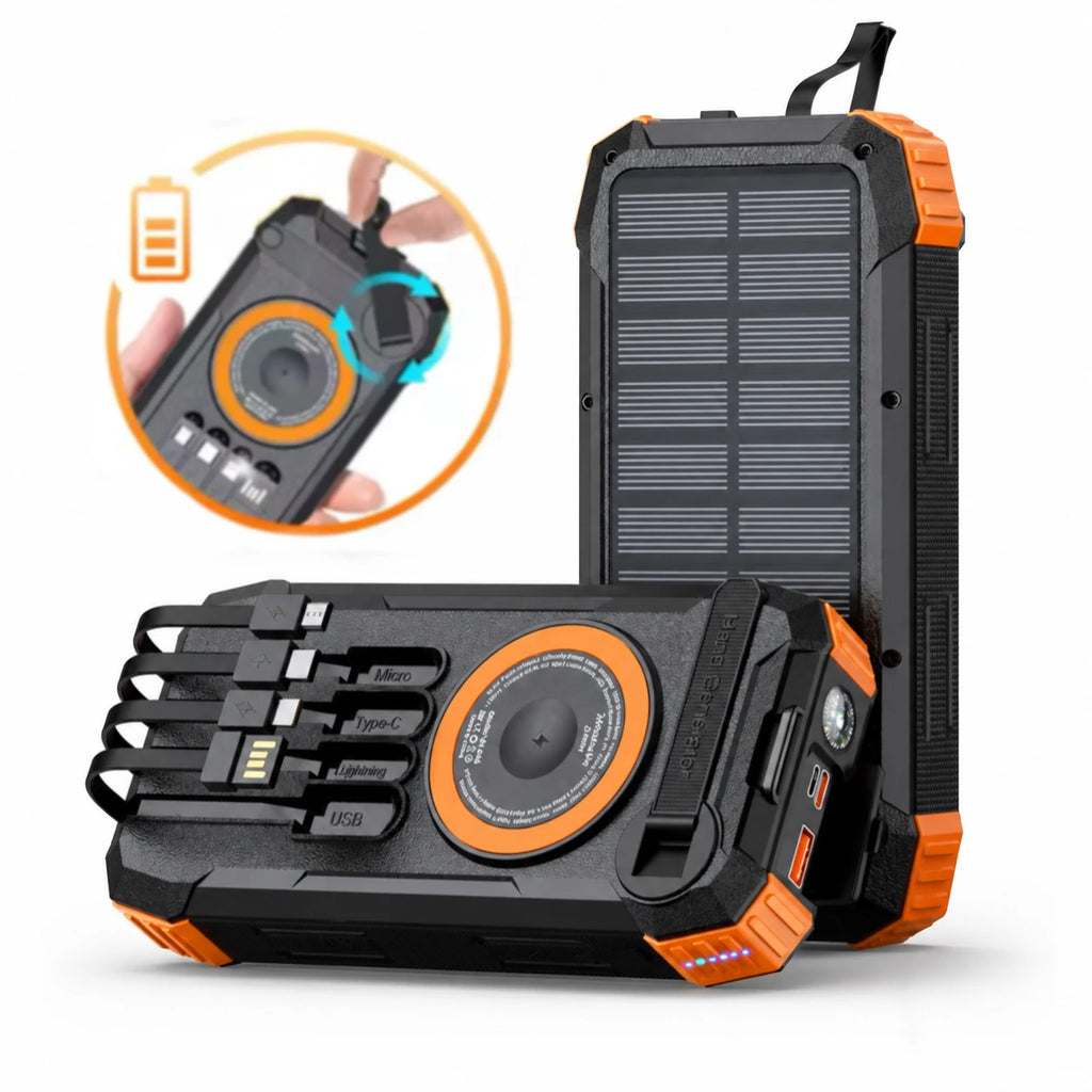 Solar Power Bank 100000mAh Wireless Fast Charging Portable Built-in Cables