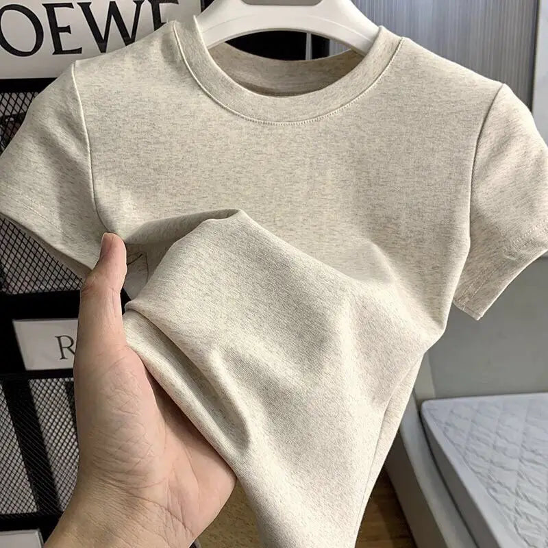 Camiseta Feminina Lisa Manga Curta Primavera Verão Casual Macia Ajustada Básica Top Tees All Match Camisetas Da Moda Para Mulheres - BRANCO P