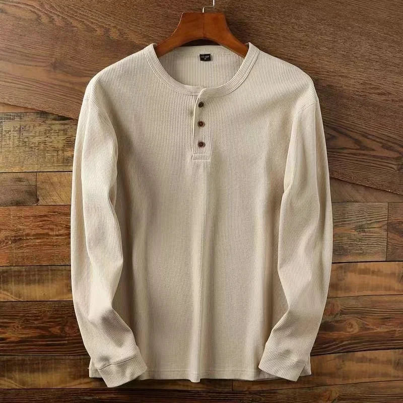 Camiseta Masculina Slim Fit Básica Casual Camisas Henley Waffle Manga Longa Camisas Térmicas Sólidas Meio Botão Respiráveis de Algodão