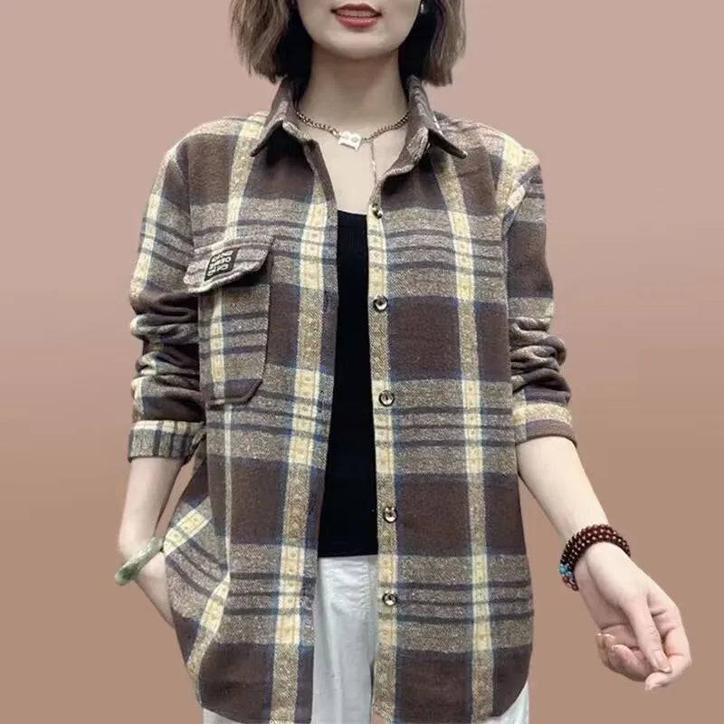 Thickened Fleece Womens Plaid Shirt Casual Loose Outerwear Autumn Winter Warmth Regular Sleeve Long Collar China Brand 1 - Xl [recommended 40-55kg ] [thick model] chidori card grid