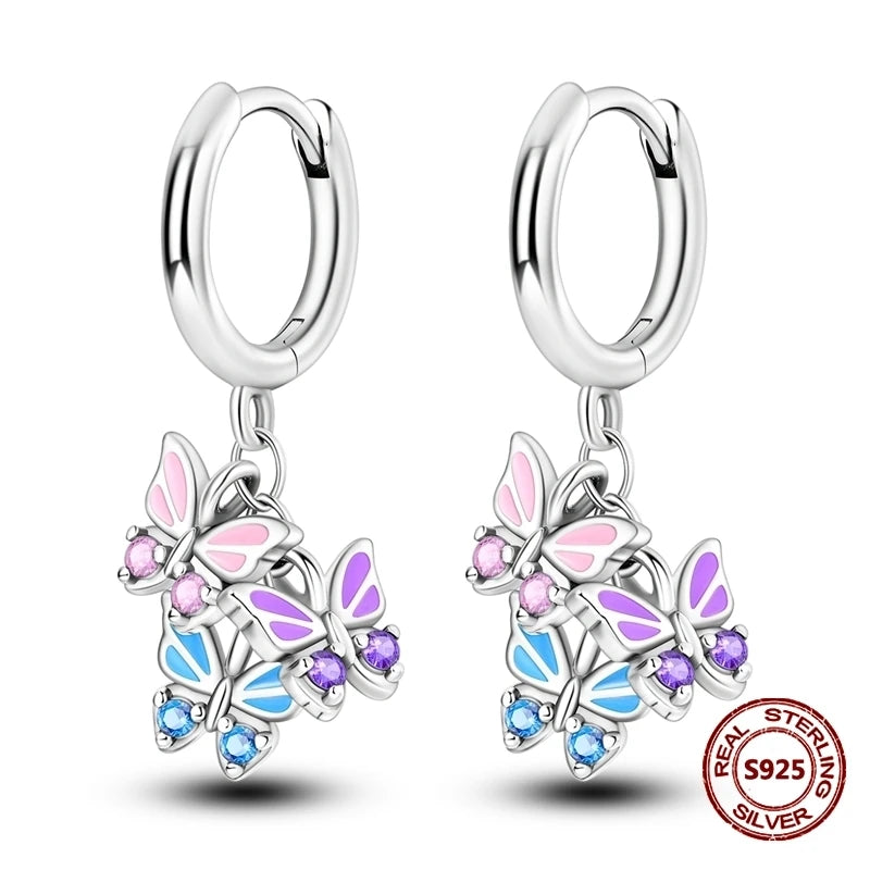 Lucky Clover Earrings 925 Silver Original Zircon Butterfly Dragonfly Chameleons Bee Flower Earrings For Women Jewelry Gift