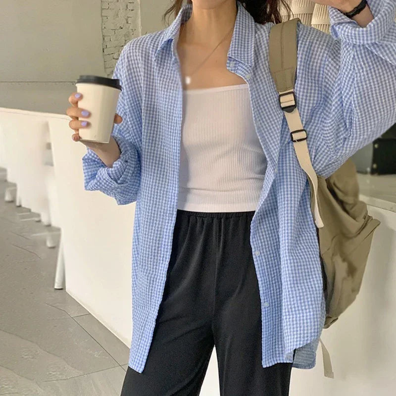 Camisa Feminina Coreana Protetor Solar Manga Longa Verão Feminina Solta Casual Xadrez Gola Virada Abotoamento Simples