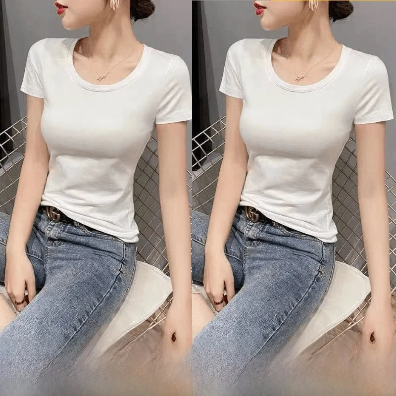 Summer Womens Slim Fit Short Sleeve T Shirt Half Sleeve Base Shirt Versatile Base Layer Top Quality Polyester Fiber Commute - M V white + v white [2-pack]