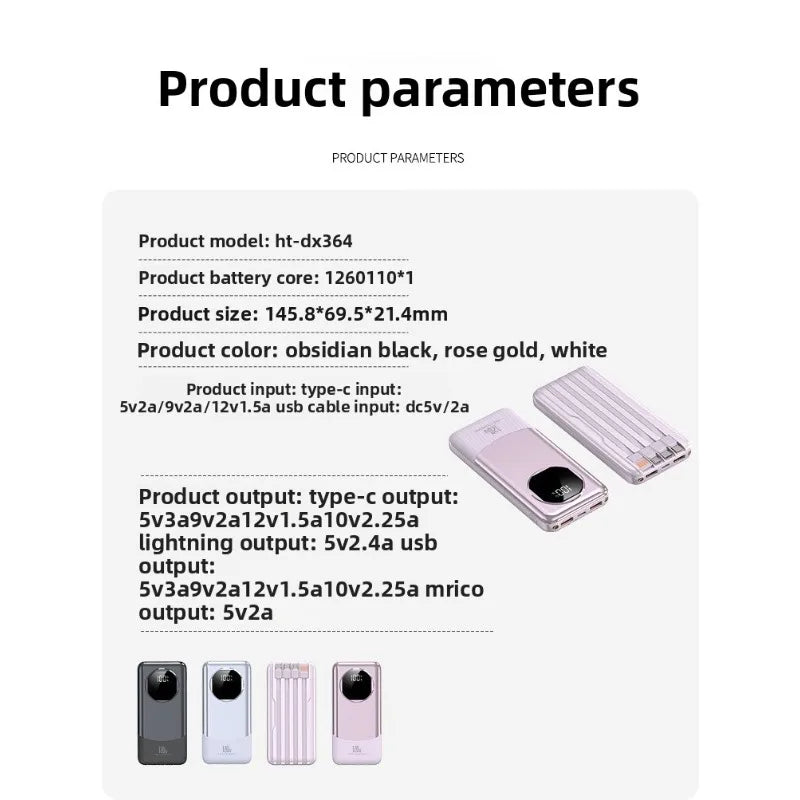 Power Bank 20000mAh 120W Carregamento Super Rápido Cabos Embutidos