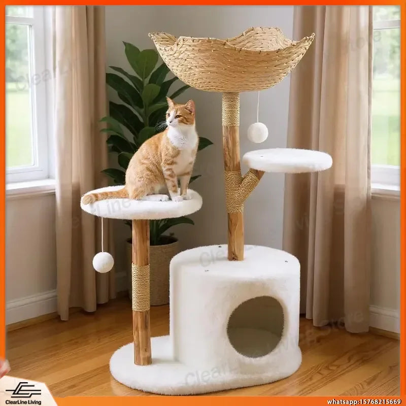 Multi-Level Cat Tree Tower with Cozy Bed Wicker Basket Condo Wooden Scratching Post Climbing Activity Center for Cats Indoor
