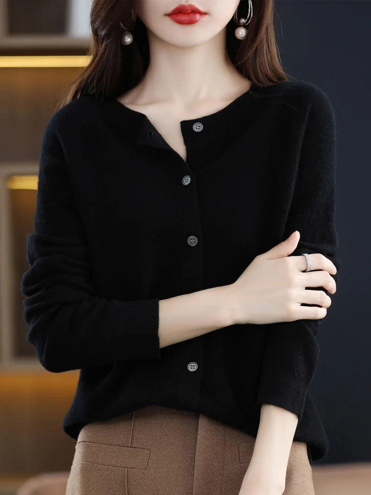 2024 Novo Cardigan Básico Chique Feminino Gola Redonda Suéter de Lã Merino Macio Roupa de Malha Elegante Casaco Primavera Outono Roupas Femininas Tops - Vermelho Shumei XXL