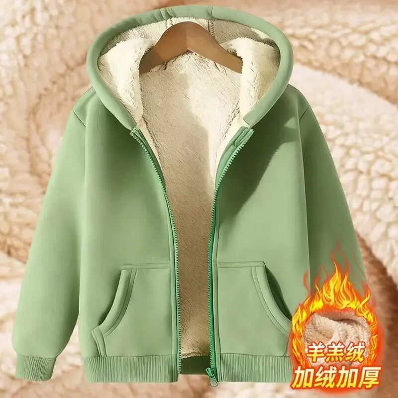 Casaco Feminino Grosso de Veludo de Cordeiro Aberto Cardigã com Capuz Zíper Solto Agasalho de Inverno Moletom Moderno Quente Tamanho Grande