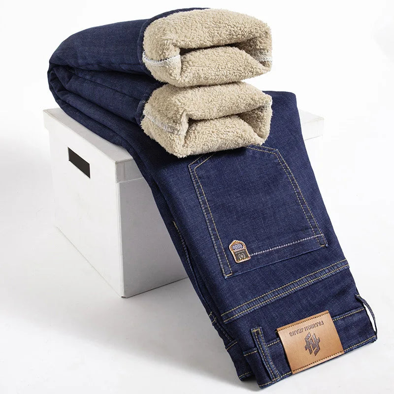 Inverno Cordeiro Flanela Jeans Reto Masculino Engrossar Tamanho Grande 40 Calças Jeans Cintura Alta Jeans Elástico Forrado de Lã Quente Slim Vaqueros