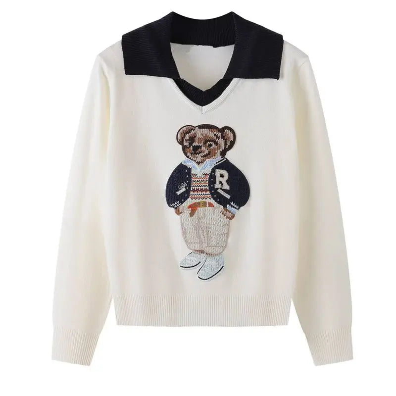 Suéter Feminino de Tricô com Urso Bordado Estilo Francês de Luxo para Mulheres Blusas Casuais de Malha Suéter Pull Femme