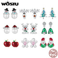 WOSTU 925 Sterling Silver Christmas Snowman Pearl Stud Earrings Xmas Red Hat Reindeer Ear Buckles New year Jewelry Holiday Gift