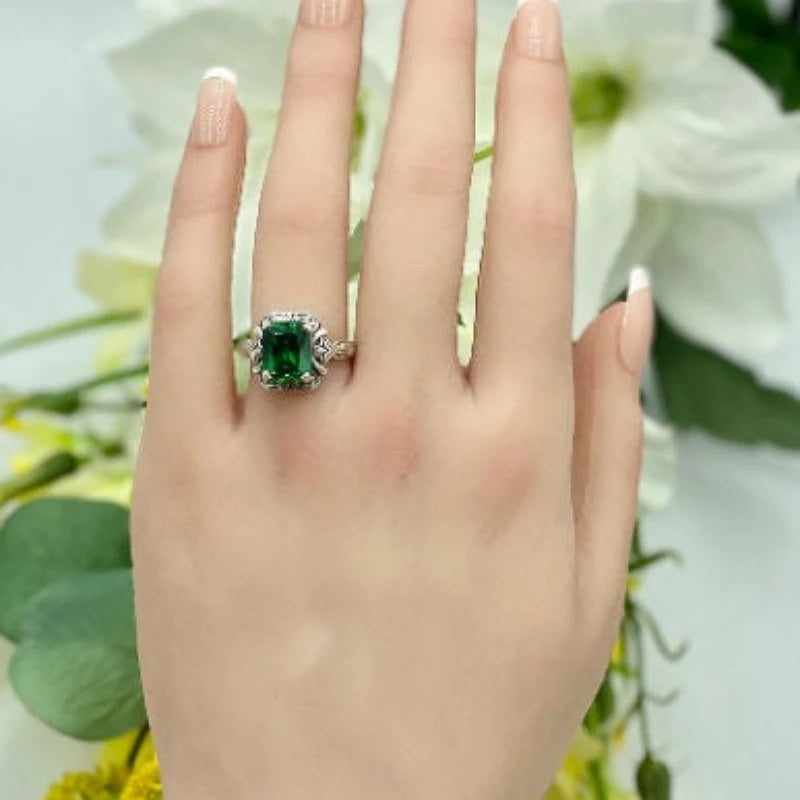 Anéis femininos Huitan quadrados elegantes de zircônia cúbica verde, anéis femininos vintage cor anti-prata para festa de aniversário, joia de luxo