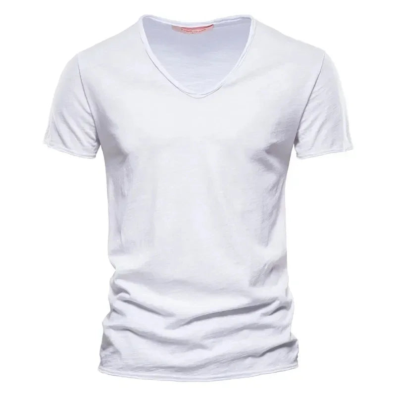 Men's 100% Cotton V-Neck T-Shirt Slim Fit Short Sleeve Fashion Fitness Tee S-5XL