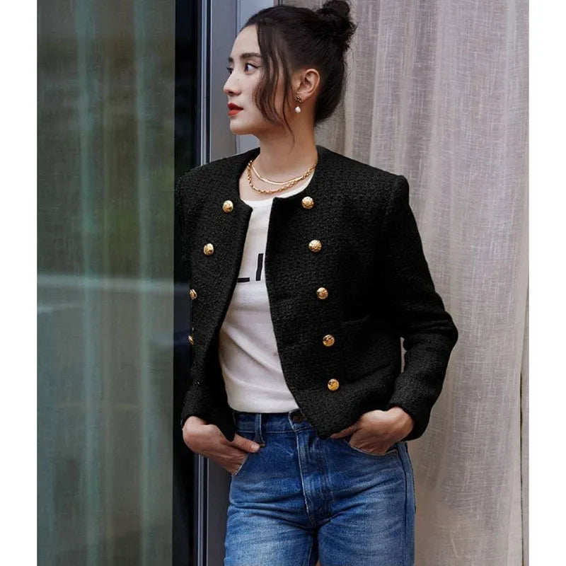 Ladies Woolen Jacket 2024 Autumn Winter Double-Breasted Slim Female Coat Versatile Coarse Tweed Temperament Women Wool Overcoat
