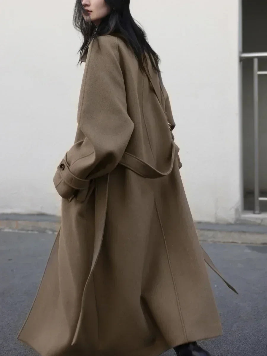 CHIC VEN Casaco Trench Longo Feminino Gola Alta Cinto Amarração Lã Manga Raglan Sobretudo Longo Escritório Senhora Outono Inverno 2024