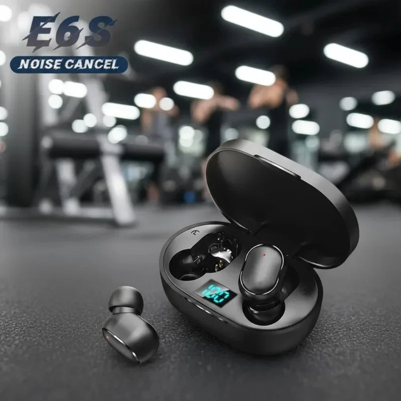 Fones de ouvido sem fio E6S com cancelamento de ruído e à prova d'água, fones intra-auriculares estéreo com estojo de carregamento e display de LED