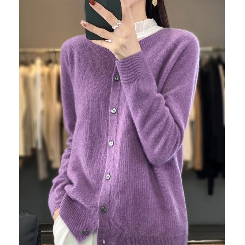 Cardigã Feminino de Lã Merino 100% Cashmere, Suéter para Outono Inverno, Gola Redonda, Manga Longa, Malha Feminina, Roupas Básicas, Blusas - Shumei XXL