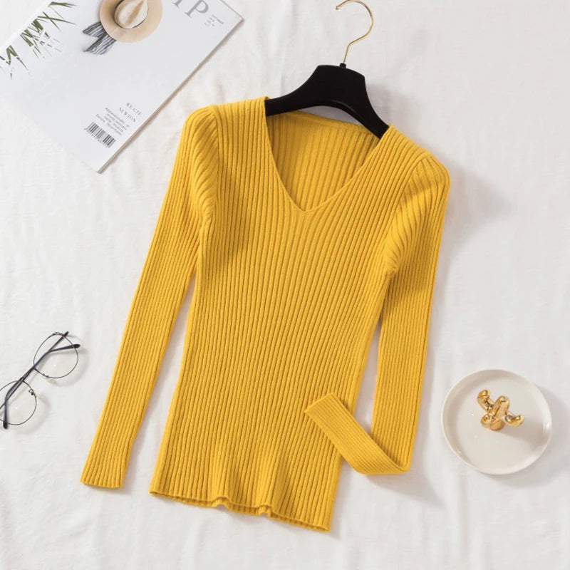 Outono Inverno Mulheres Suéteres Casuais Manga Longa Tricô Gola V Pulôver Suéter Feminino Básico Sólido Jersey Tops Roupas da Moda