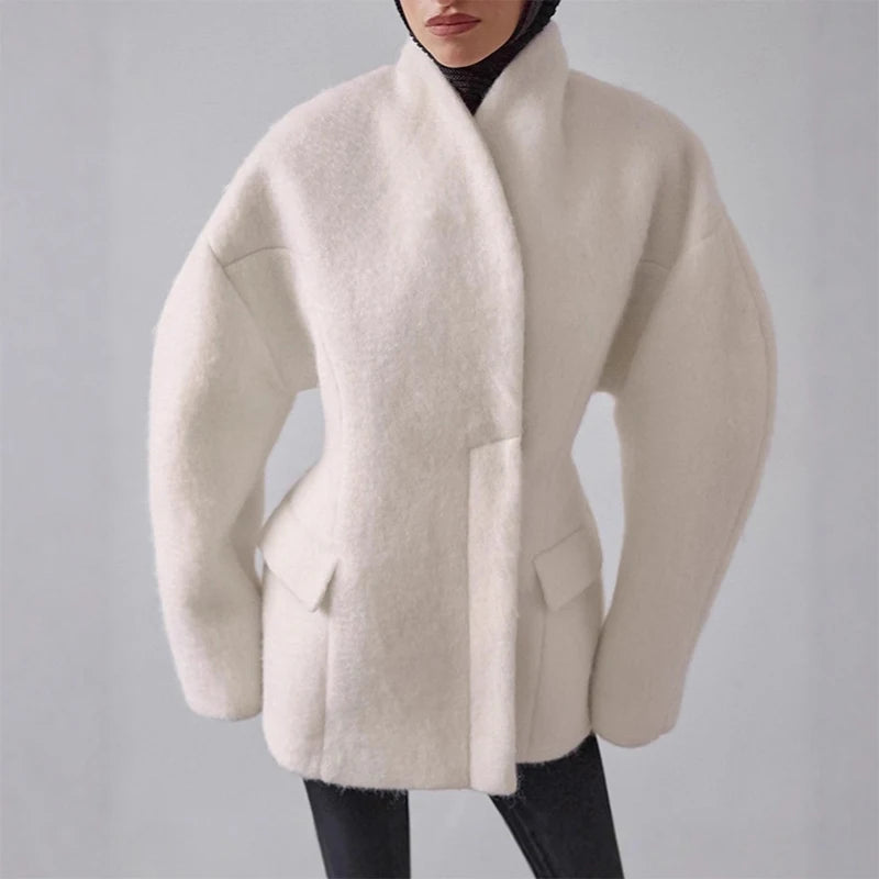 Sobretudo Feminino de Lã Longo com Cintura Ajustada Ombreiras Gola Alta Bolso Casacos 2026 Primavera Novo Agasalho de Trajeto para Mulher - Apenas cachecol L