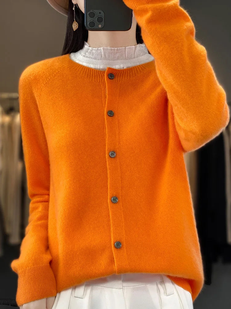Cardigã Feminino de Lã Merino 100% Cashmere, Suéter para Outono Inverno, Gola Redonda, Manga Longa, Malha Feminina, Roupas Básicas, Blusas - Shumei XXL