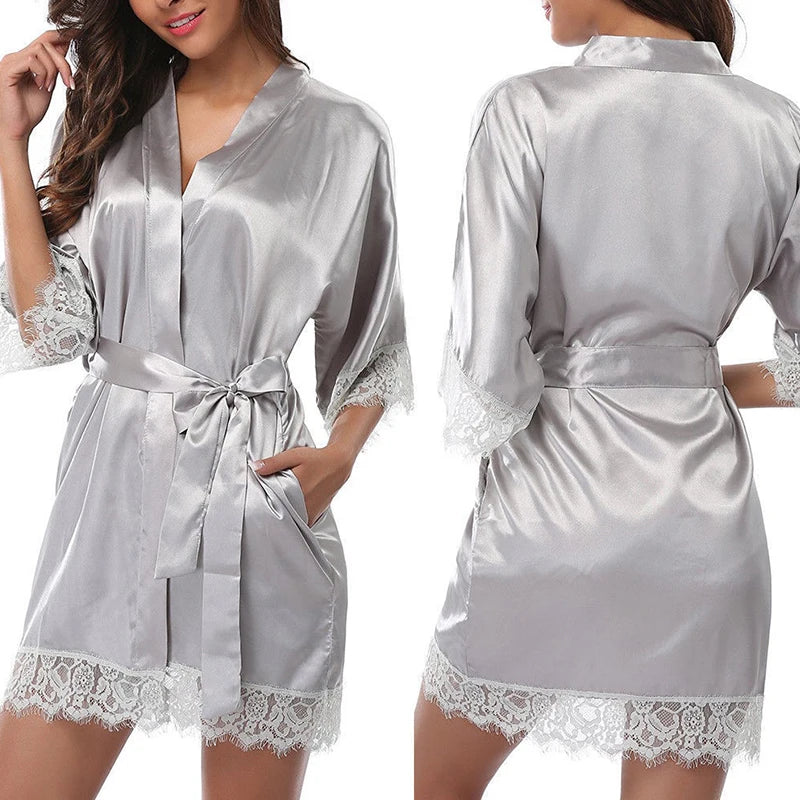 Robe Curto Feminino Elegante Liso com Acabamento em Renda e Cinto de Amarrar Loungewear Pijama Camisola Preto Vermelho.