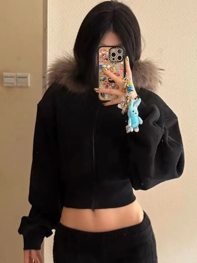 Retro American Black Fur Collar Short Zipper Jacket Womens Autumn Winter Warm Fleece Design Sense Short Cardigan 1 - Xl Black