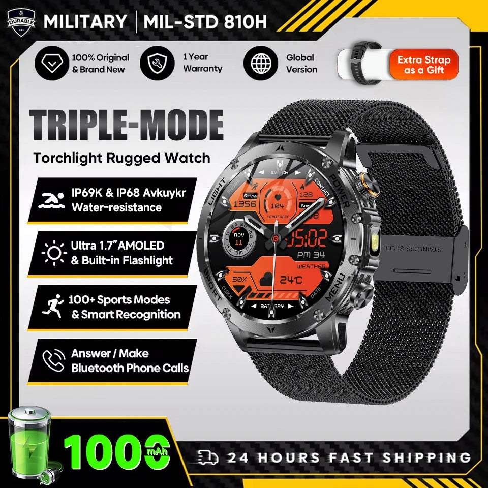 2025 Novo Smartwatch Militar T-Rex 3 Ultra Bateria de 1000mAh 5ATM À Prova D'água Lanterna Monitor Cardíaco Rastreador Esportivo Smartwatch Masculino
