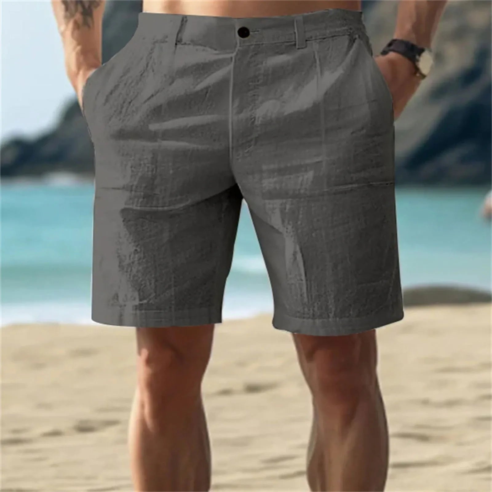Calças Masculinas de Linho com Cor Sólida Casuais para Praia, Respiráveis, Confortáveis e Retas, Curtas, Estilo Havaiano para Férias de 2025