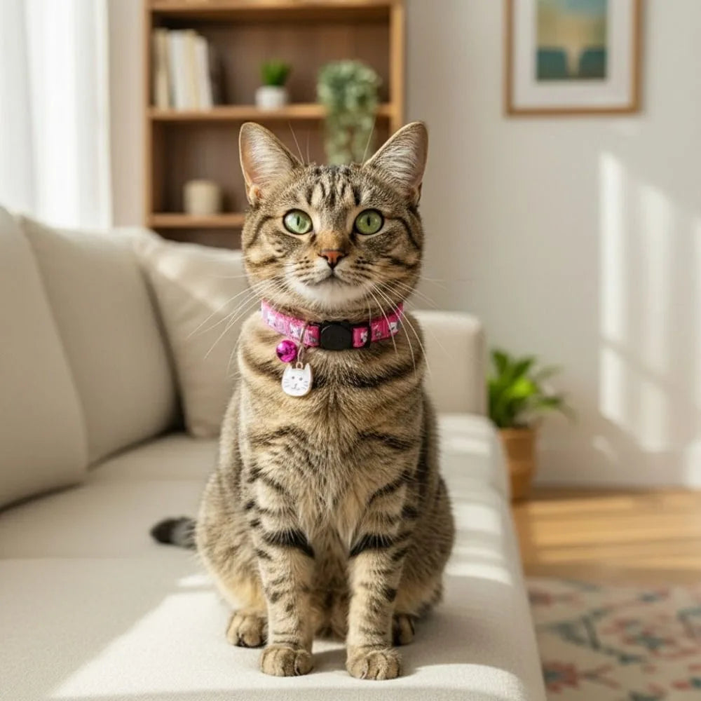 Coleira Ajustável para Gato com Fivela de Segurança de Liberação Rápida Antiasfixia para Filhotes, com Pingente de Rosto de Gato, Sino e Estampa de Gato