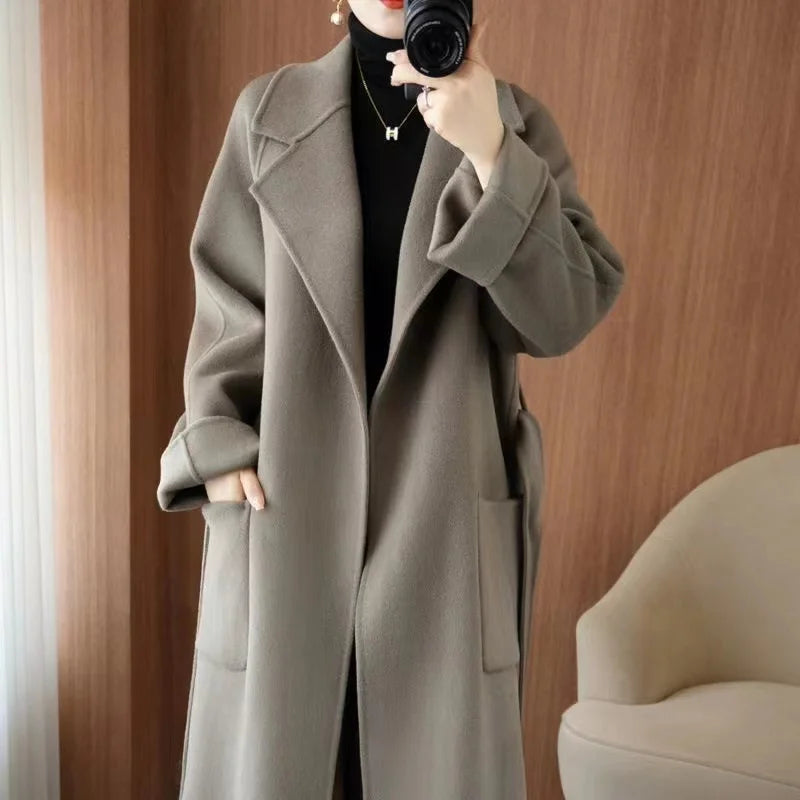 2024 Moda Feminina Casaco 100% Lã Outono/Inverno Elegante Casaco de Caxemira Dupla Face com Cinto Longo