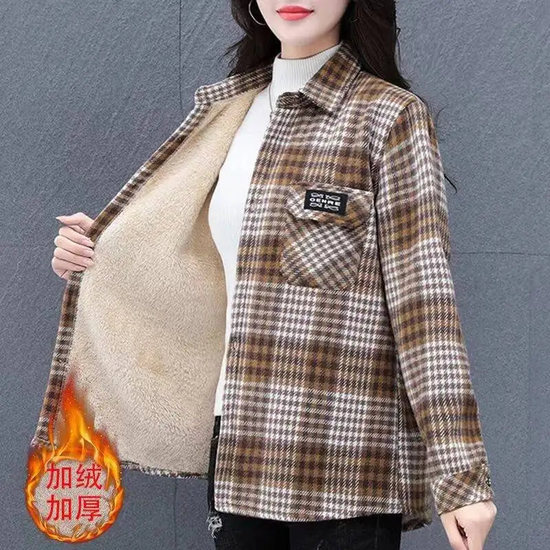 Camisa Xadrez Feminina de Lã Grossa Casual Solta Outono Inverno Quente Manga Regular Comprida Gola Marca Chinesa