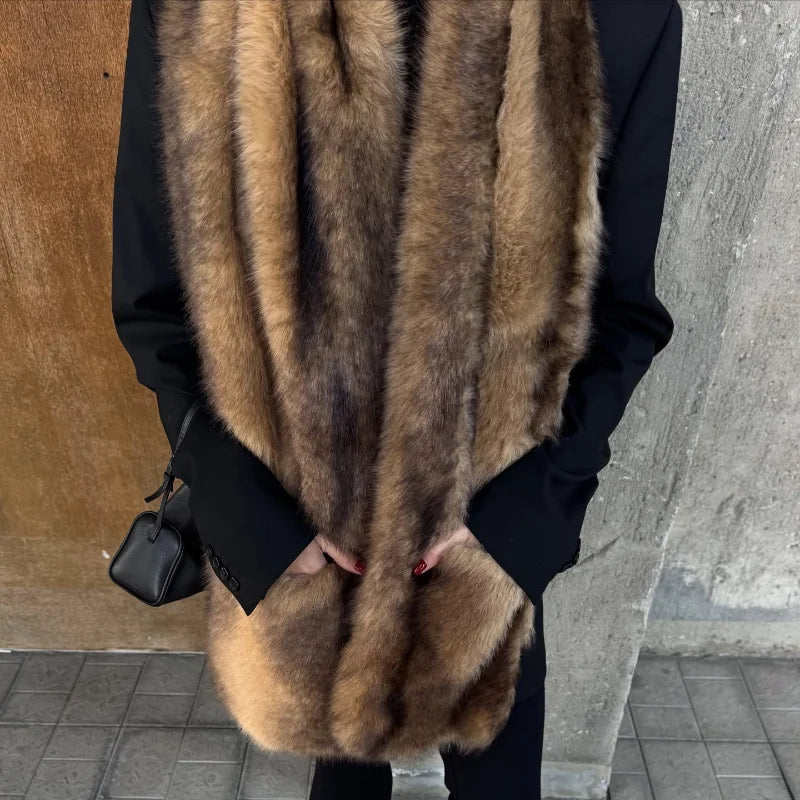Street Cinched Waist Long Woolen Coat For Women Shoulder Pads Stand Collar Pocket Overcoats 2026 Spring Lady Commute Outwear New - Only scarf L