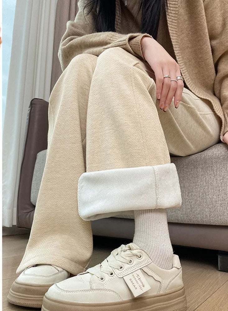 Thickened Woolen Straight Leg Pants Womens High Waist Wide Leg Trousers Autumn Winter Casual Pants Pocket Design Cotton Blend 1 - 4xl recommended 72.5-80kg Oatmeal color [spring and autumn]