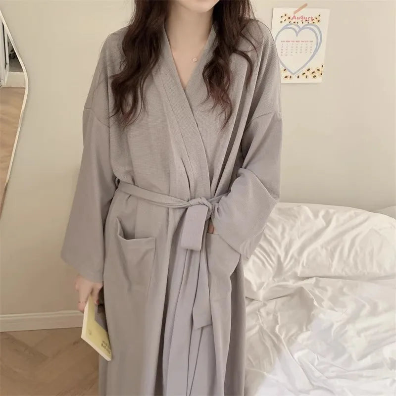 Robe luxuoso com textura Waffle: Robe feminino de manga longa, verão, roupa de dormir, camisola, roupa de dormir