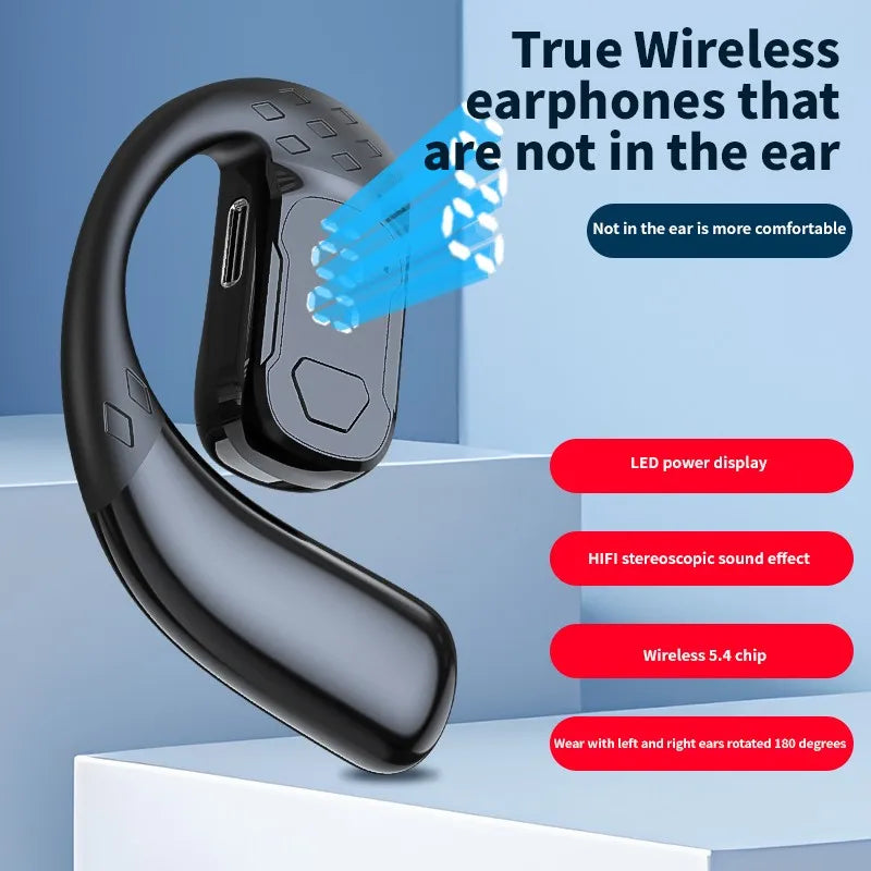 Fone de Ouvido Sem Fio Rotação 180° Ajustável Esquerdo Direito Aberto Bluetooth 5.4 Orelha Universal Microfone Esporte Negócios Música Gancho de Orelha