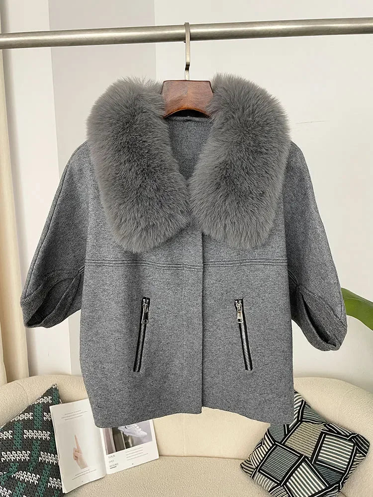 OFTBUY New Autumn and Winter Women Cardigan Short Knitted Sweater Solid Color with Faux Fur Collar Three Quarter Sleeves Coat