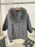 OFTBUY New Autumn and Winter Women Cardigan Short Knitted Sweater Solid Color with Faux Fur Collar Three Quarter Sleeves Coat