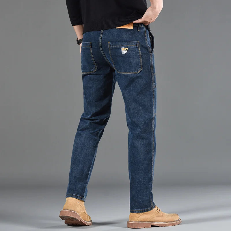 Calça Jeans Masculina Pequena Reta Estampada Seis Bolsos Casual Confortável
