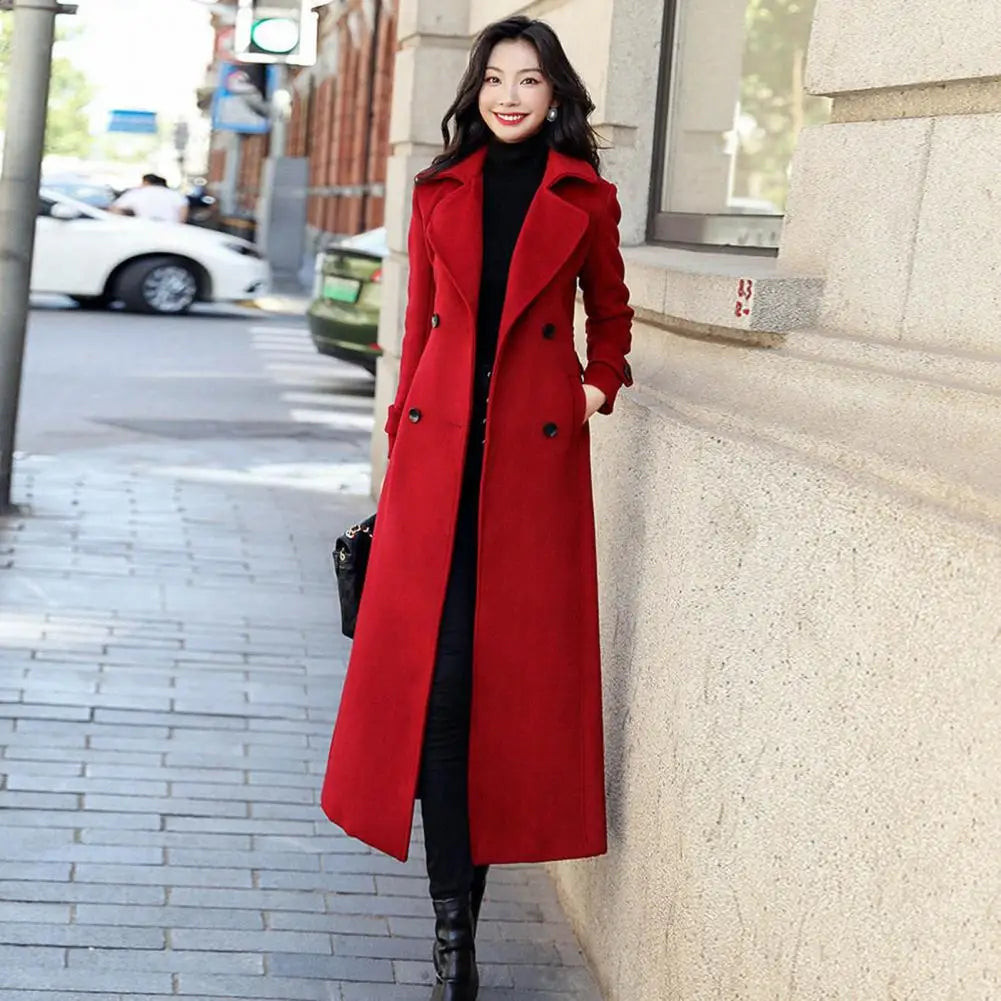 Sobretudo de Inverno Elegante Abotoamento Duplo Cinto na Cintura Jaqueta Longa de Lã Moda Térmica Grossa Feminina Trench Coat de Lã de Inverno