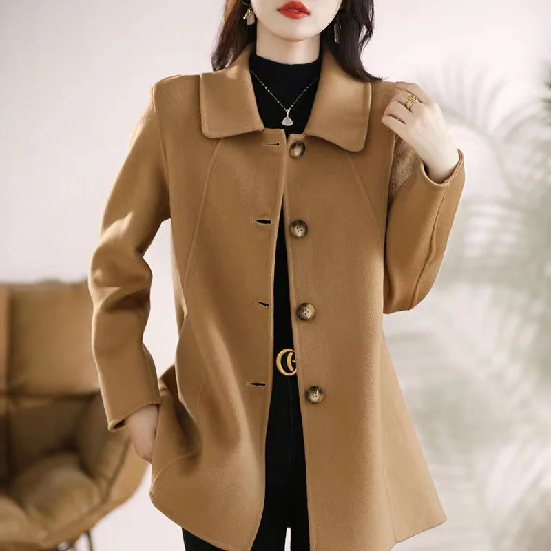Novo Casaco Feminino de Lã Elegante de Outono e Inverno, Alta Qualidade, Peito Simples, Slim, Quebra-vento